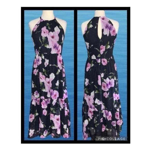 Vince Camuto Black Tropical Floral Halter Hi/Lo Maxi Chiffon Cruise Dress 4